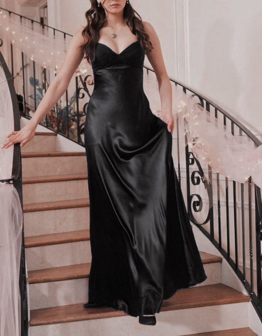 Elegant Black V Neck Satin Mermaid Long Wedding Guest Dress Party Dress SP1369