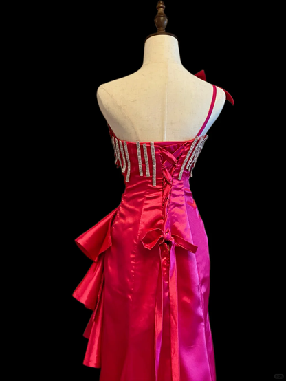 Chic Hot Pink Satin Beaded Mermaid Long Birthday Party Dress One Shoulder Long Prom Dresses SP4082