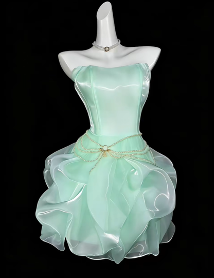 Classy Strapless Mint Green Tulle Pleated Short Homecoming Dress Cocktail Dress SP3541