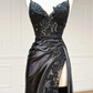 Black Floral Lace V-Neck Long Prom Dress with Slit Y2618