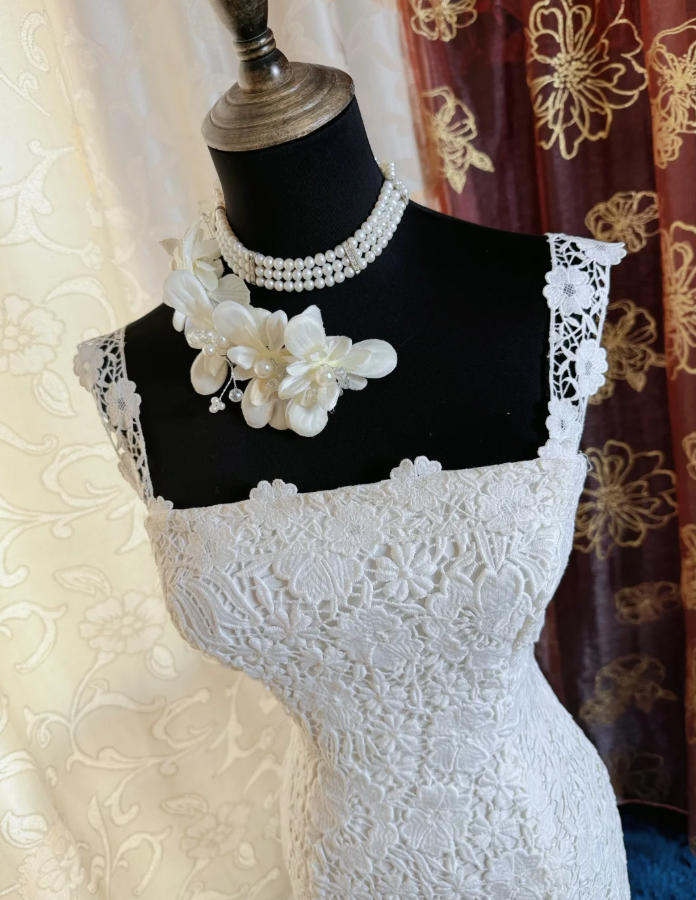 Elegant Spaghetti Straps White Lace Mermaid Long Party Dress Birthday Prom Dress SP1945