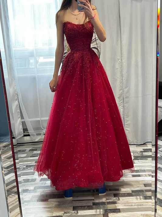 Shiny Strapless Tulle Sequin Appliques A Line Long Prom Dress Red Party Gowns SP2148