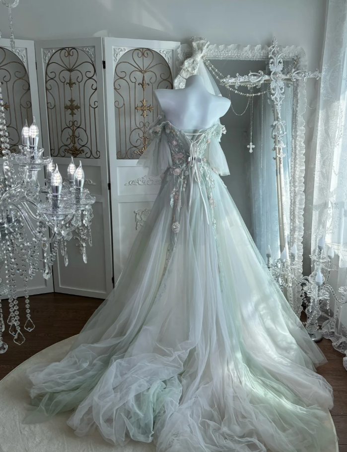 Elegant Off The Shoulder Tulle Appliques Beaded Mermaid Party Dress, Light Green Long Wedding Guest Dress SP1455