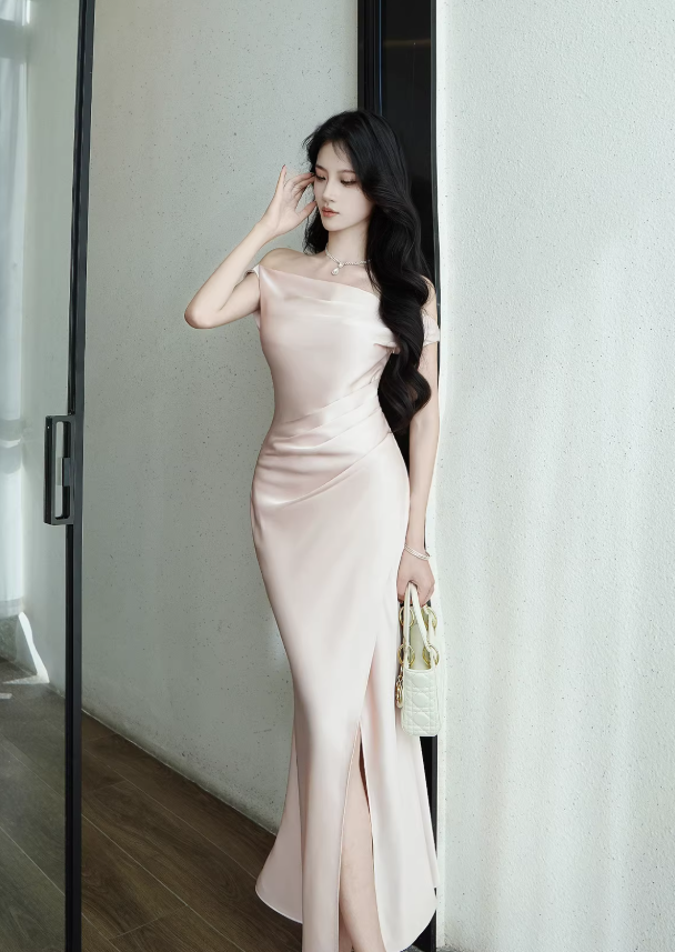 Fashion Off The Shoulder Pink Satin Mermaid Party Dress Long Wedding Guest Dress SP1983