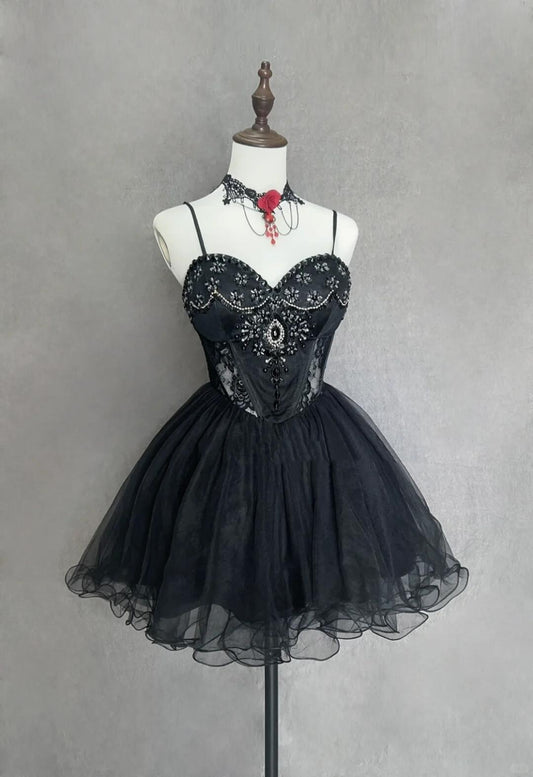 Retro Spaghetti Straps Tulle Beaded A Line Short 9th Grade Homecoming Dress,Black Short Prom Gown SP2916