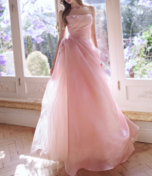 Fairy Pink Strapless Organza Pleated Beaded Long Birthday Party Dress Princess Prom Gowns SP2092