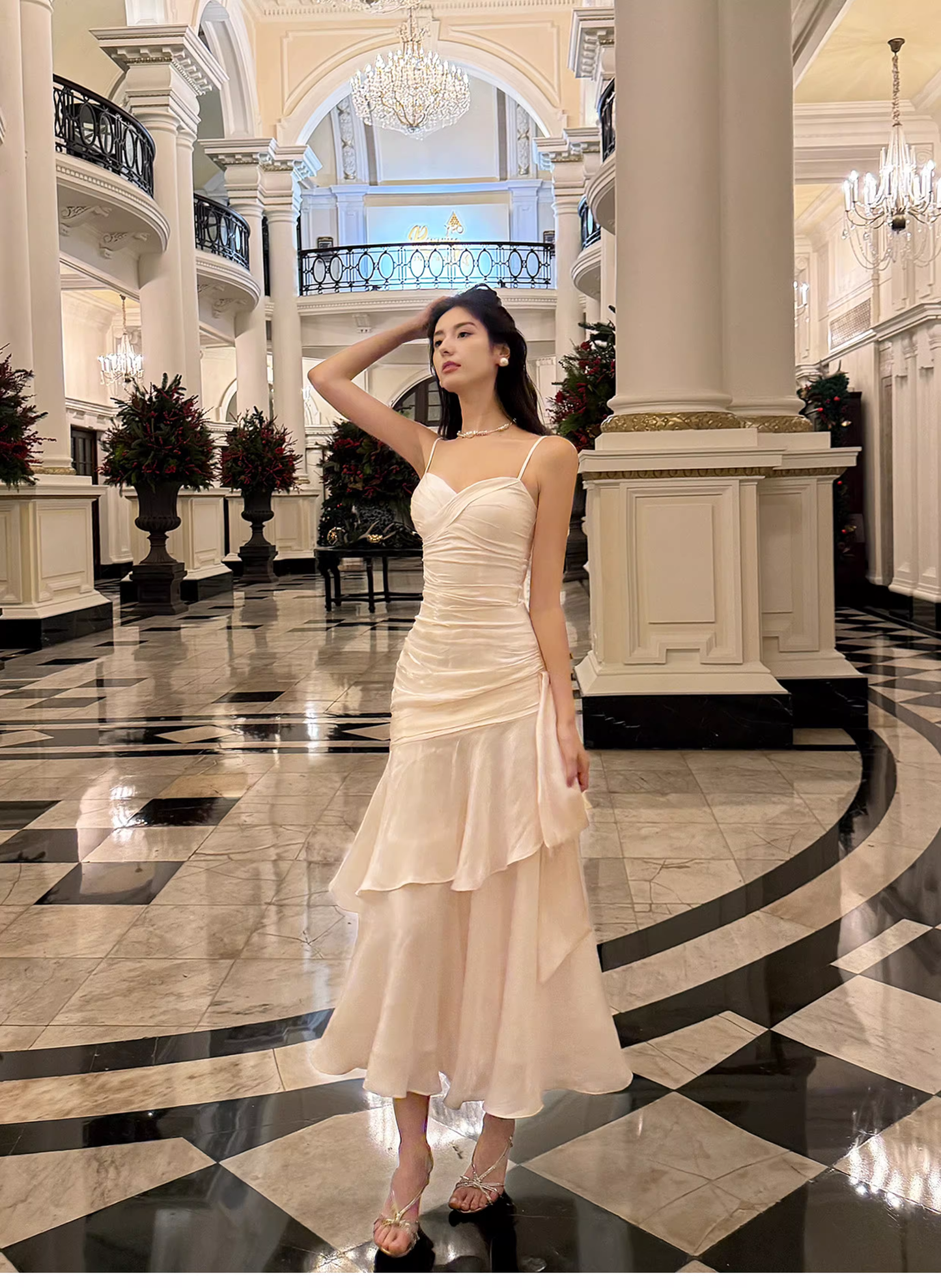Charming White Spaghetti Strap Satin Ruffles Layered Mermaid Long Party Dress Prom Dress SP1985