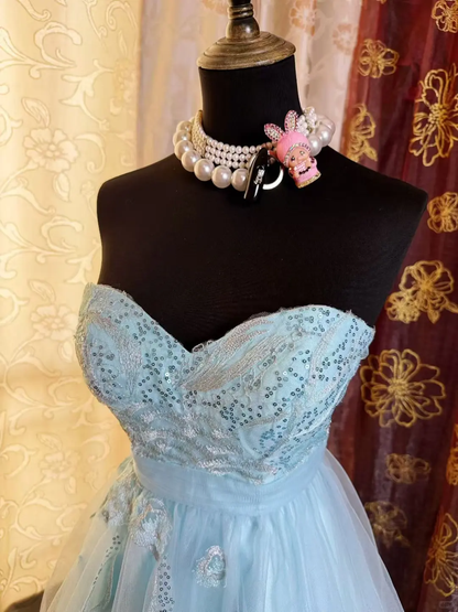 Elegant Strapless Blue Tulle Sequin Appliques A Line Short Homecoming Dress 19th Birthday Outfits SP80