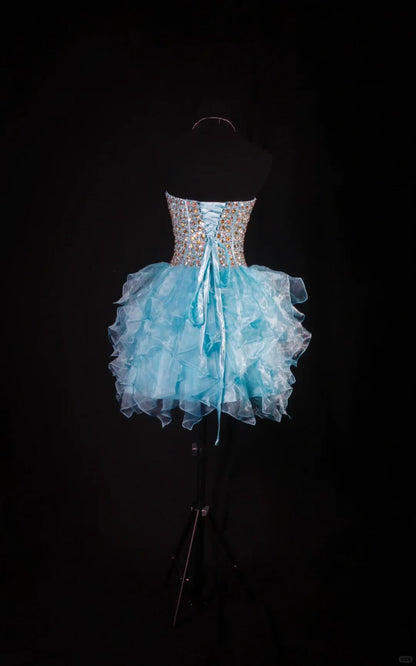 Sparkly Strapless Tulle Beaded A Line Short Prom Dress,Light Blue Short 8th Grade Homecoming Dress SP2831