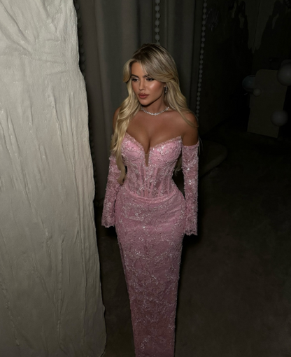 Pretty Strapless Pink Lace Sequin Mermaid Slit Prom Gown Long Evening Dress With Gloves SP390