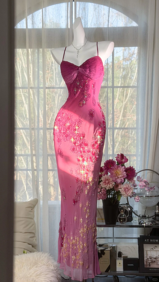 Gorgeous Spaghetti Straps Ombre Pink Sequin Beaded Mermaid Long Party Dress Evening Dress SP2181