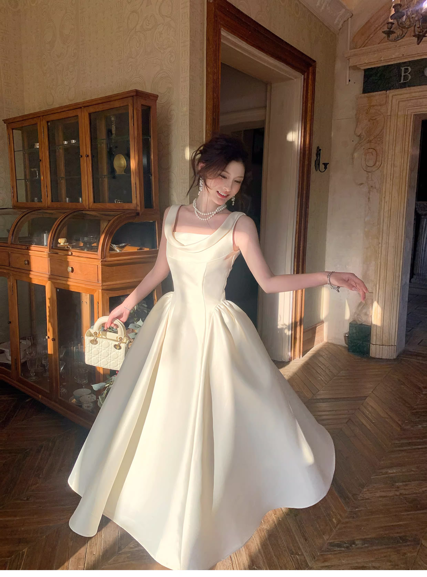 Elegant White Sleeveless Satin A Line Long Wedding Guest Dress Formal Birthday Evening Dress SP1641