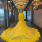 Sexy prom dresses, yellow prom dresses, feather prom dresses, crystal prom dresses, mermaid evening dresses Y546