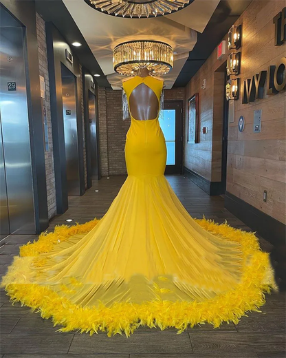 yellow prom dress with feathers Orange Rhinestone Jersey Long Feather Prom Dress