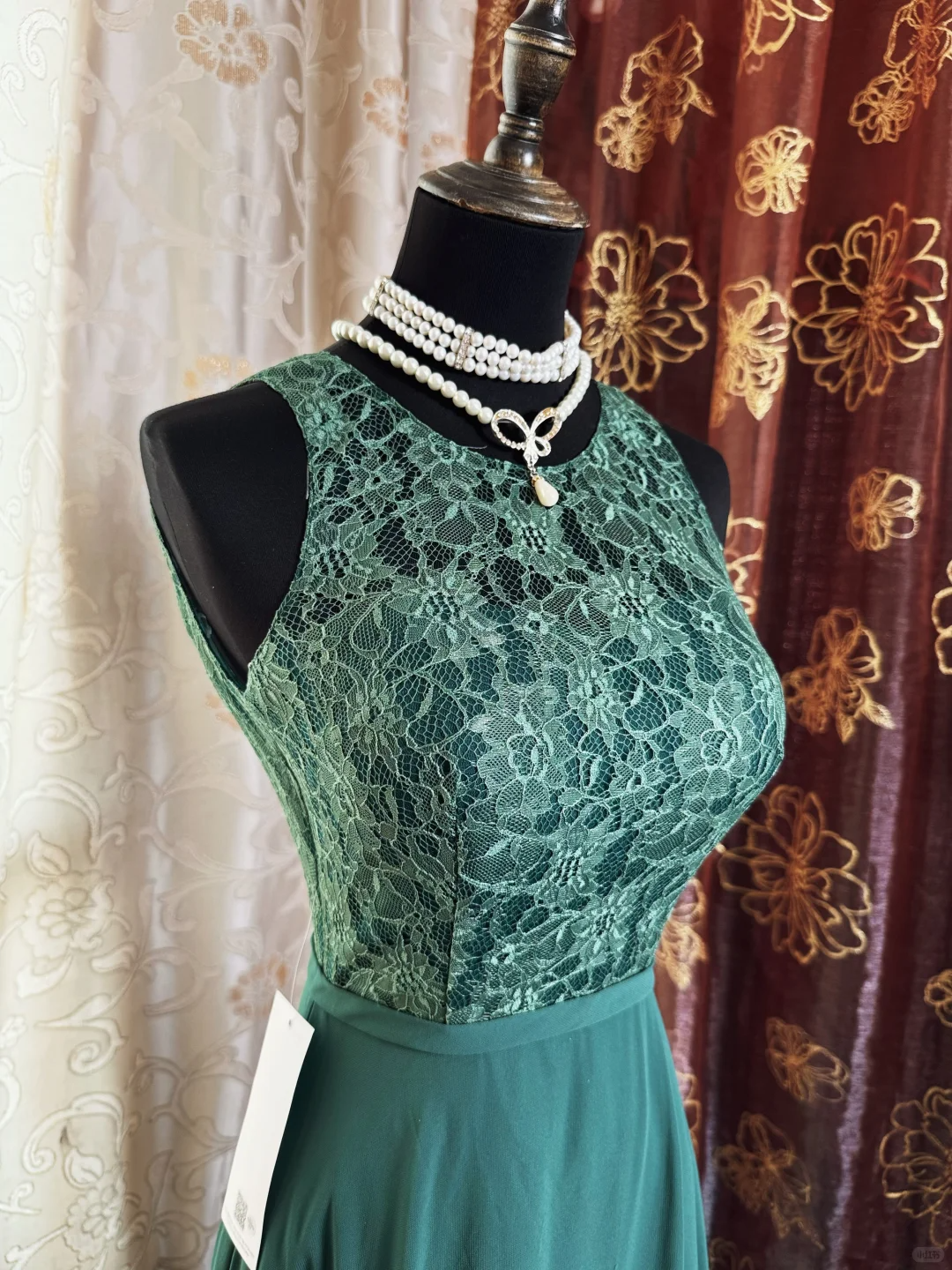 Vintage Green Sleeveless Lace Chiffon A Line Long Evening Dress Formal Wedding Guest Dress SP2385