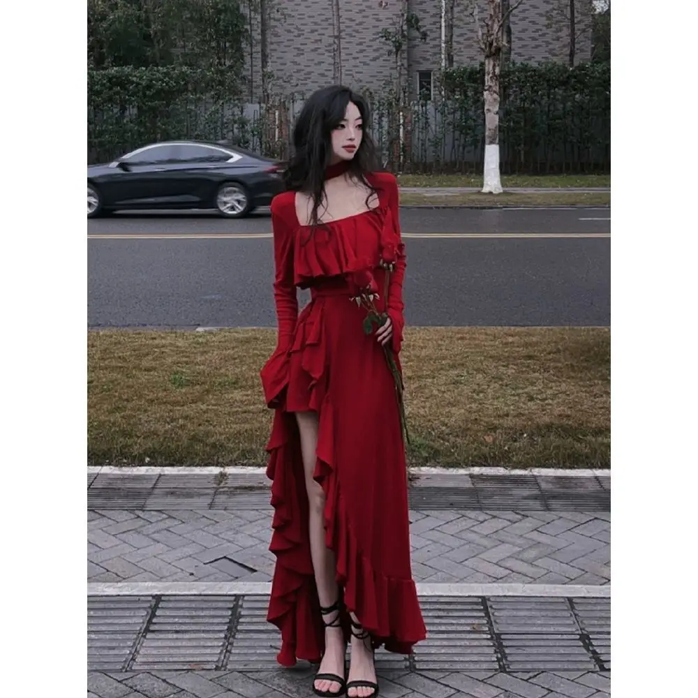 Women Autumn Long Sleeve Midi Dress Elegant Ruffles Red Square Neck Ir Simplepromdress Women Autumn Long Sleeve Midi Dress Elegant Ruffles Red Square Neck Ir Simplepromdress