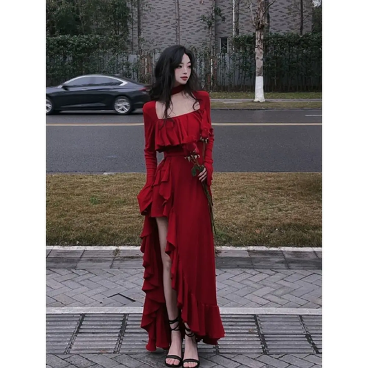 Women Autumn Long Sleeve Midi Dress Elegant Ruffles Red Square Neck Irregular Prom Dress  Y5190