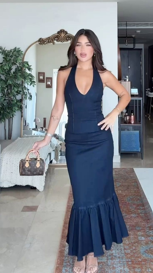 Classy Halter Navy Blue Satin Mermaid Long Wedding Guest Dress Evening Dress SP717
