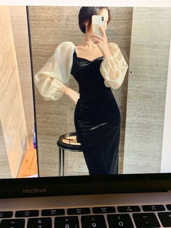 Winter V-Neck Elegant Black Stitching Velvet Dress Female Retro High Waist Puff Sleeves Evening Dress Y5673