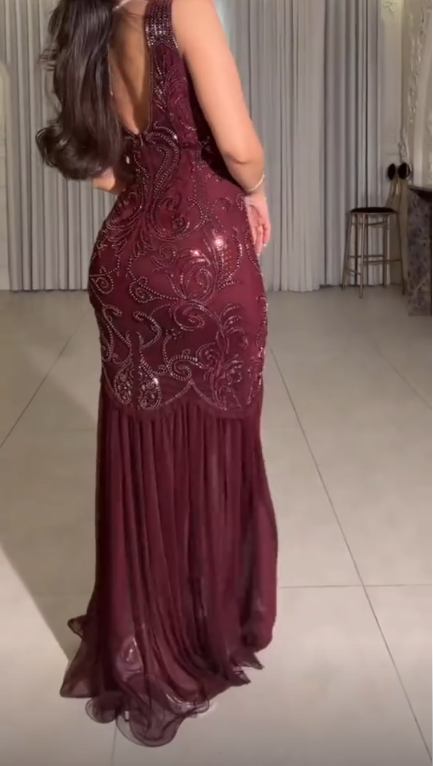 Charming Square Neck Chiffon Beaded Party Dress Burgundy Mermaid Long Prom Dress SP4178