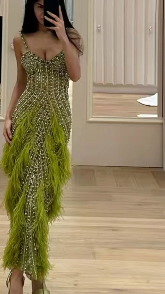 Unique Spaghetti Straps V Neck Green Sequin Beaded Mermaid Long Evening Dress Birthday Prom Dress SP1487
