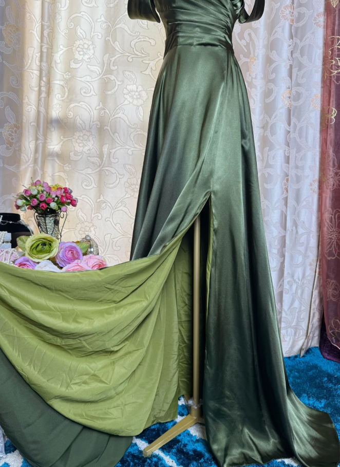 Classy Off The Shoulder Olive Green Satin Pleated Slit Long Evening Dress Formal Wedding Guest  Dress SP1889