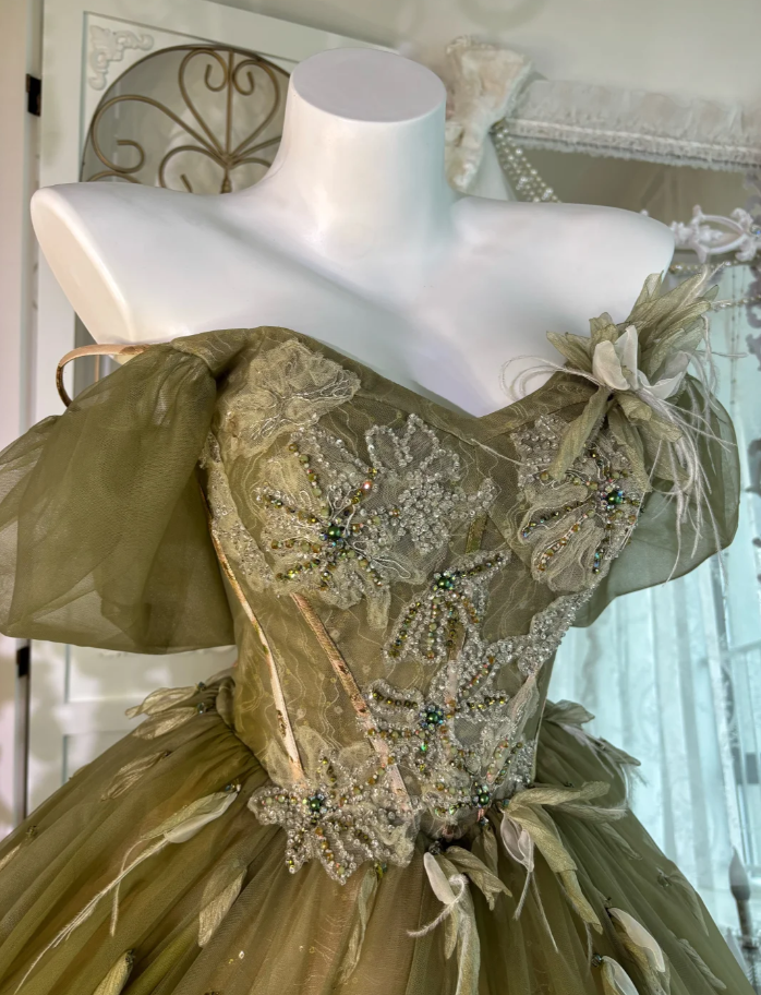 Gorgeous Olive Green Off The Shoulder Tulle Sequin Beaded Birthday Ball Gown Formal Quinceanera Dress SP1466