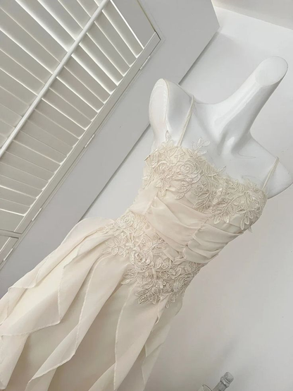 Simple White Spaghetti Straps Chiffon Appliques Party Dress Birthday Outfits Y8916