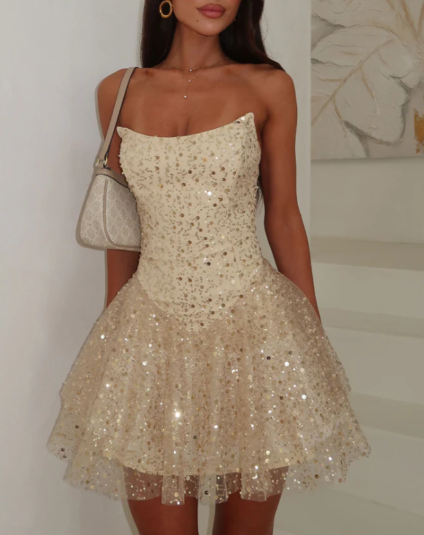 Sparkly Champagne Strapless Tulle Sequin Beaded A Line Short Homecoming Dress Birthday Dress SP2307