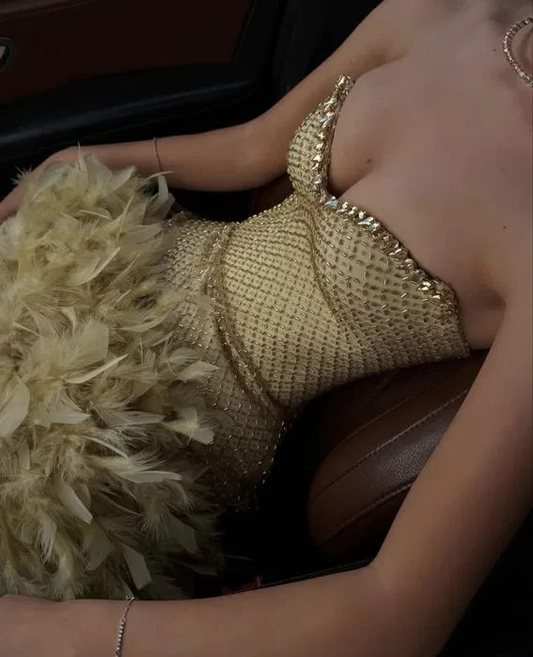 Stylish Yellow Strapless Sequin Beaded Feathers Sheath Cocktail Dress Short Formal Homecoming Dress Y9095