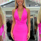 Sheath Plunging V Halter Satin Homecoming Dress Y2867