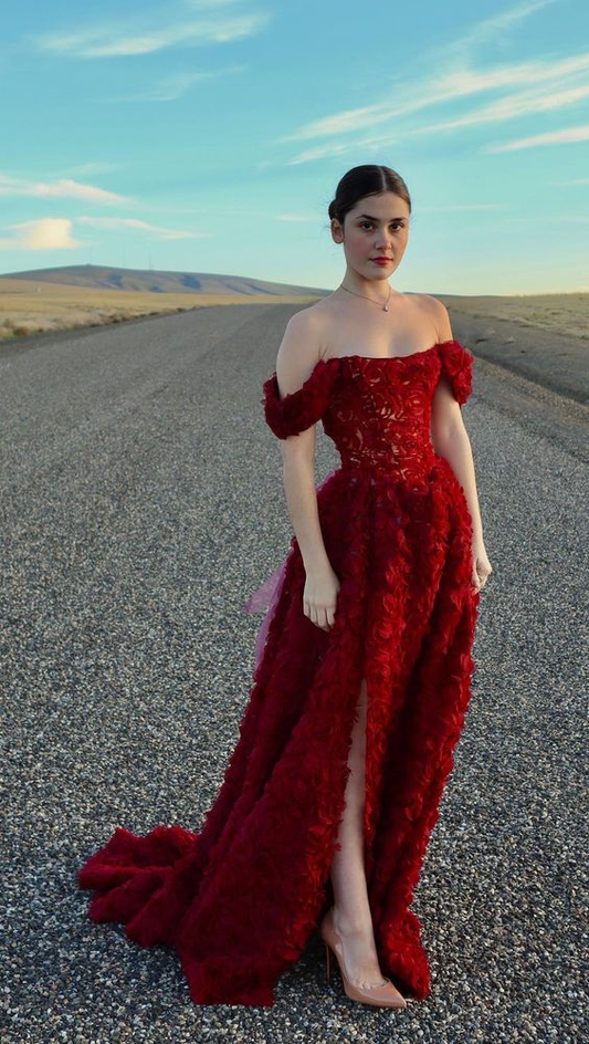 Elegant Red Off The Shoulder A-line Prom Dress With Split Y6678