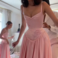 Pink Elegant A-Line Spaghetti Strap Satin Long Evening Dress Prom Dress Y7820