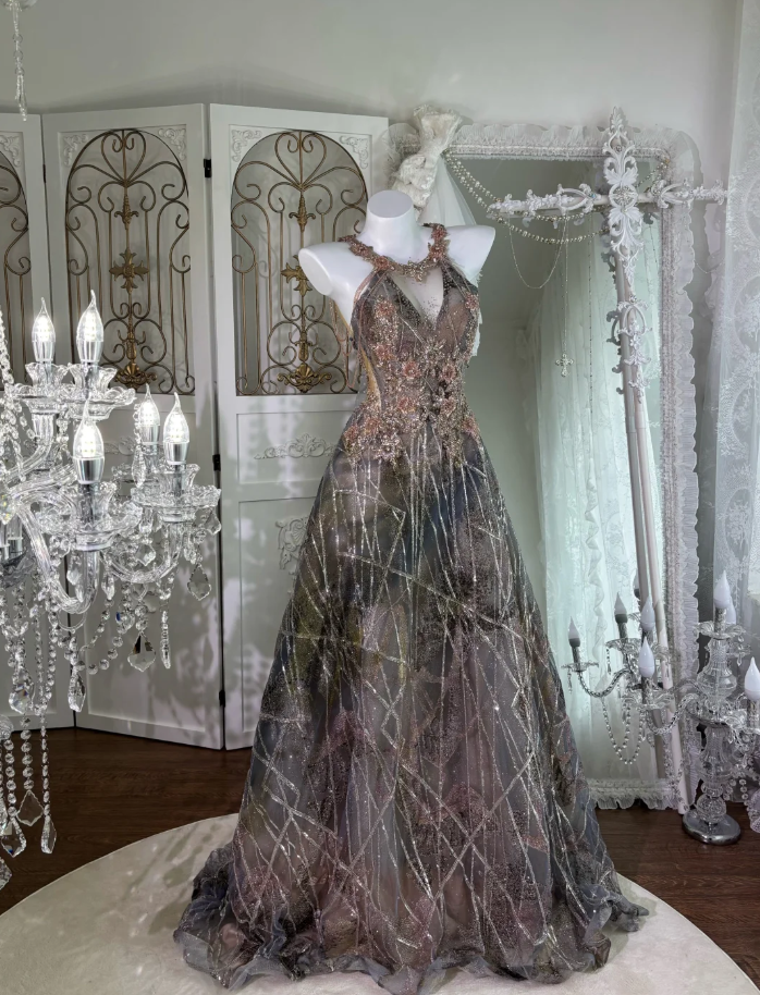 Gorgeous Halter V Neck Tulle Sequin Beaded Mermaid Long Wedding Guest Dress, Formal Birthday Prom Dress Party Gown SP1465