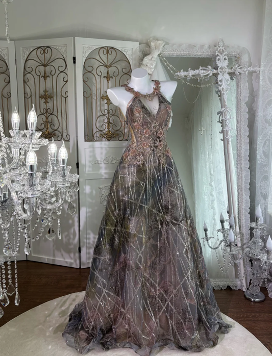 Gorgeous Halter V Neck Tulle Sequin Beaded Mermaid Long Wedding Guest Dress, Formal Birthday Prom Dress Party Gown SP1465