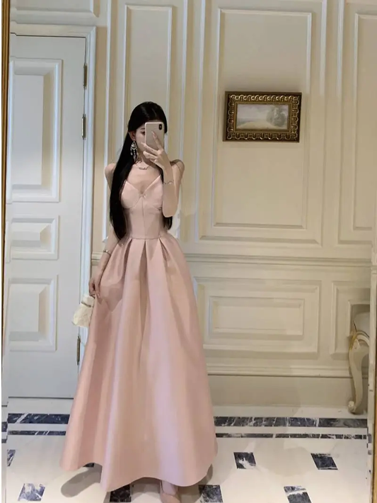 Cute Spaghetti Straps V Neck Satin A Line Long wedding Guest Dress Pink Evening Dress Prom Dress SP2291
