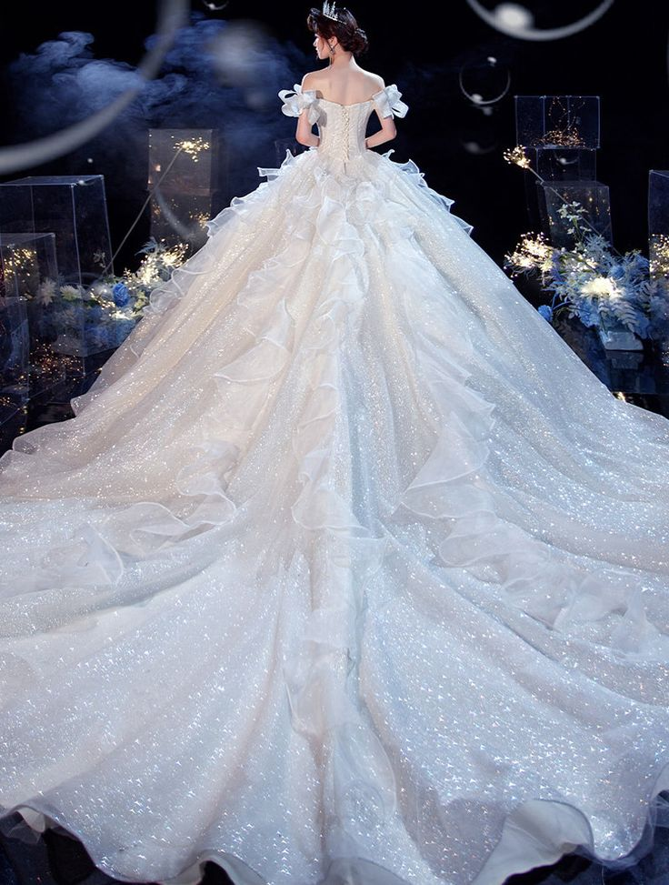 Fairy Romantic Off Shoulder White Wedding Dress Sweep Train Y6878