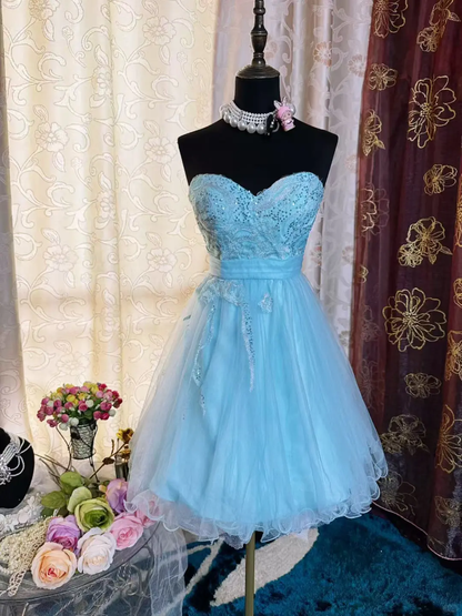 Elegant Strapless Blue Tulle Sequin Appliques A Line Short Homecoming Dress 19th Birthday Outfits SP80