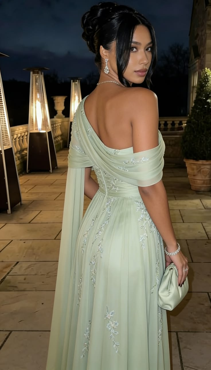 Glamorous Sage Green One-Shoulder Embroidered Chiffon Mermaid Prom Dress Long Evening Dress SP2301