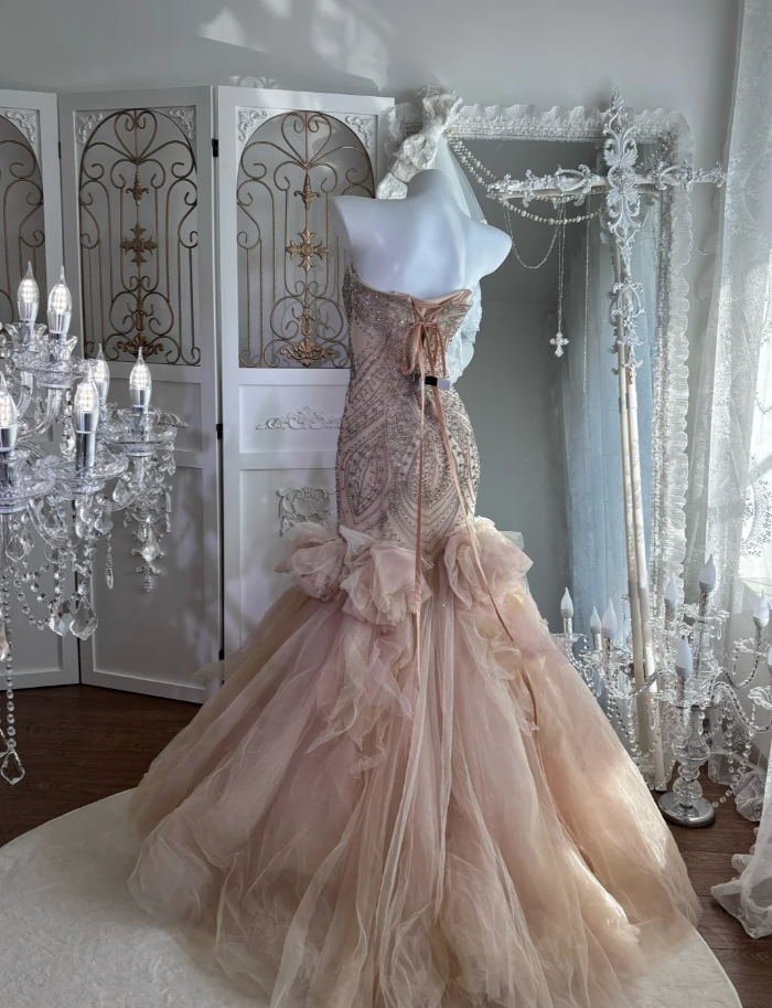 Pretty Sweetheart Neck Nude Pink Tulle Beaded Mermaid Long Party Dress Formal Wedding Guest Dress SP1459