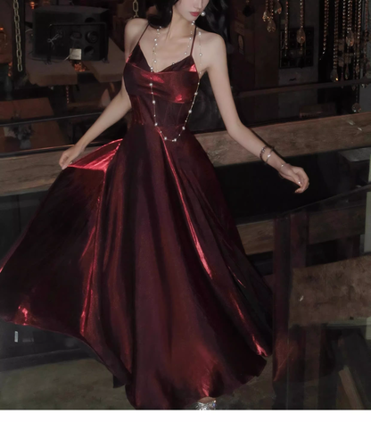 Elegant Burgundy V Neck Satin A Line Long Party Dress Birthday Dress SP1987