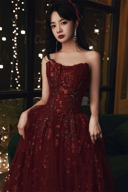 Wine Red Floral Lace and Tulle Long Evening Gown Party Dress, Burgundy Simplepromdress Wine Red Floral Lace and Tulle Long Evening Gown Party Dress, Burgundy Simplepromdress