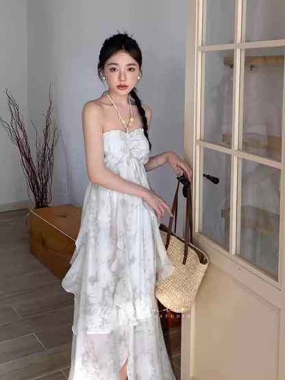 Classy Blue Halter A Line Ruffled Floral Long Party Dress Women's  Vacation Dress Y9320
