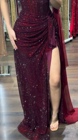 Shiny Burgundy Off The Shoulder Sequin Slit Mermaid Party Dress Long Wedding Guest Dress SP1340
