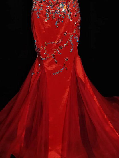Pretty Red Tulle Sequin Beaded Mermaid Evening Dress Long Prom Gown Two Piece SP433