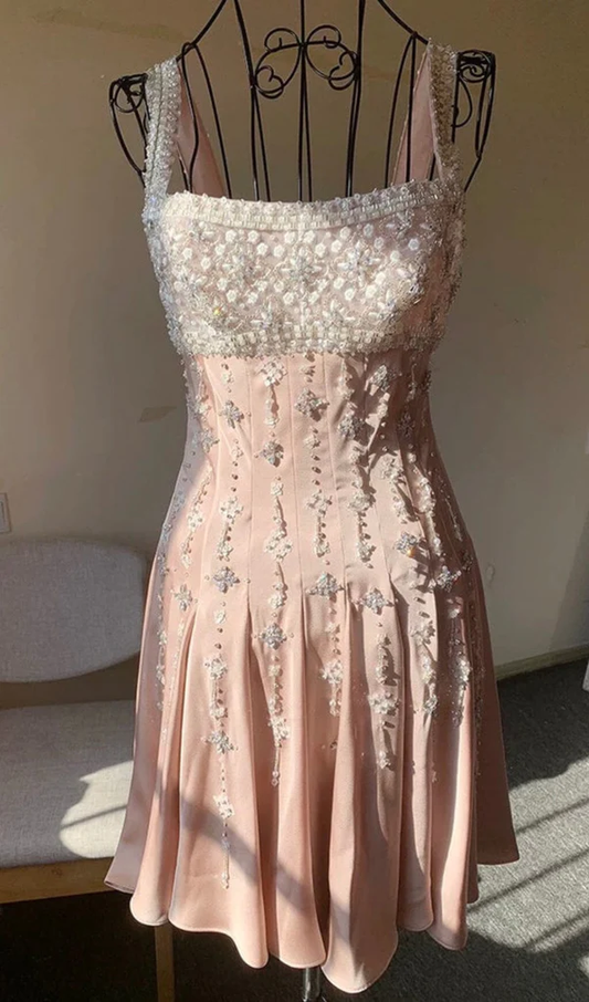 Luxury nude pink satin hand-beaded diamond homecoming dress Y4542