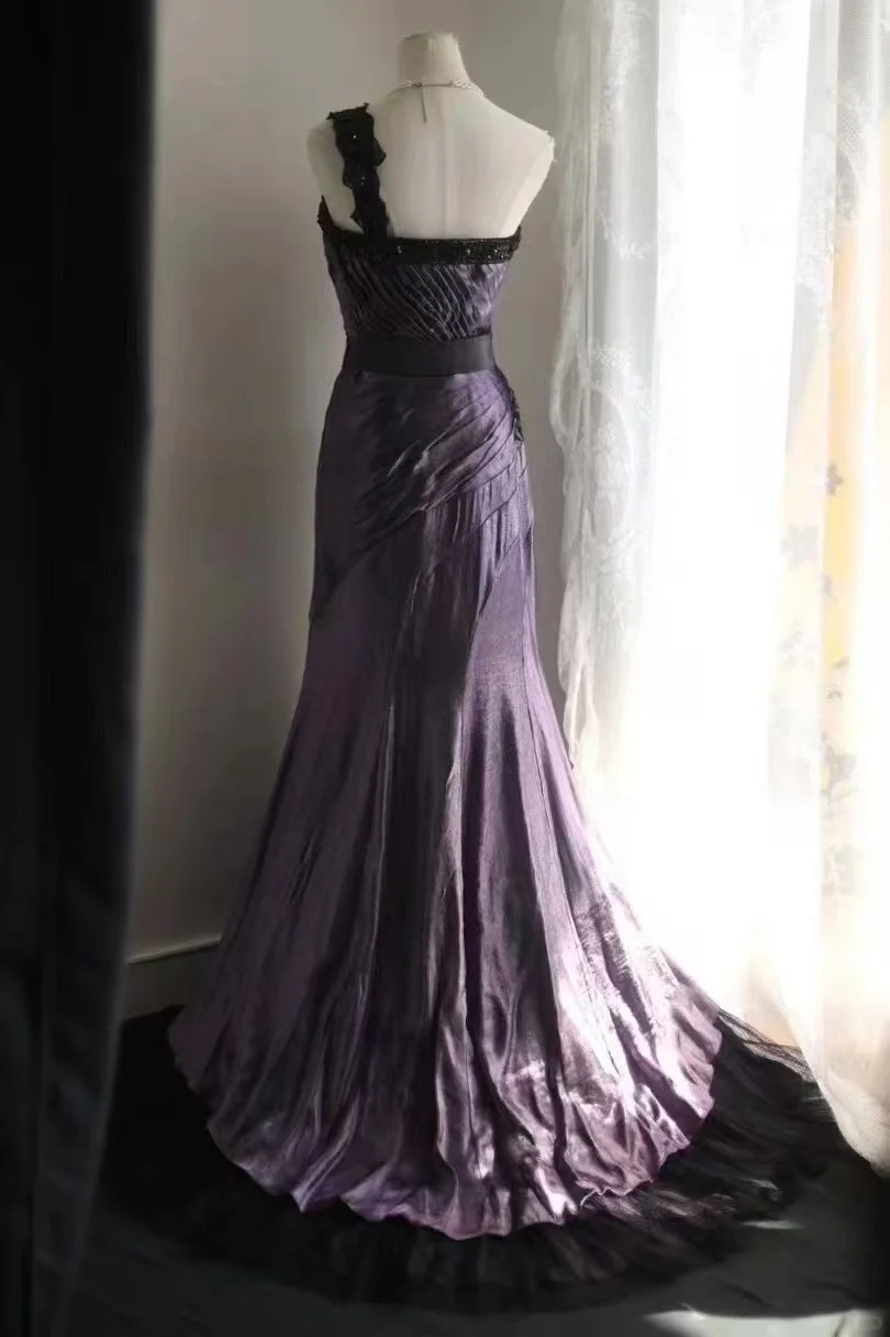 Vintage One Shoulder Purple Satin Beaded Mermaid Party Dress Long Birthday Prom Gown SP752