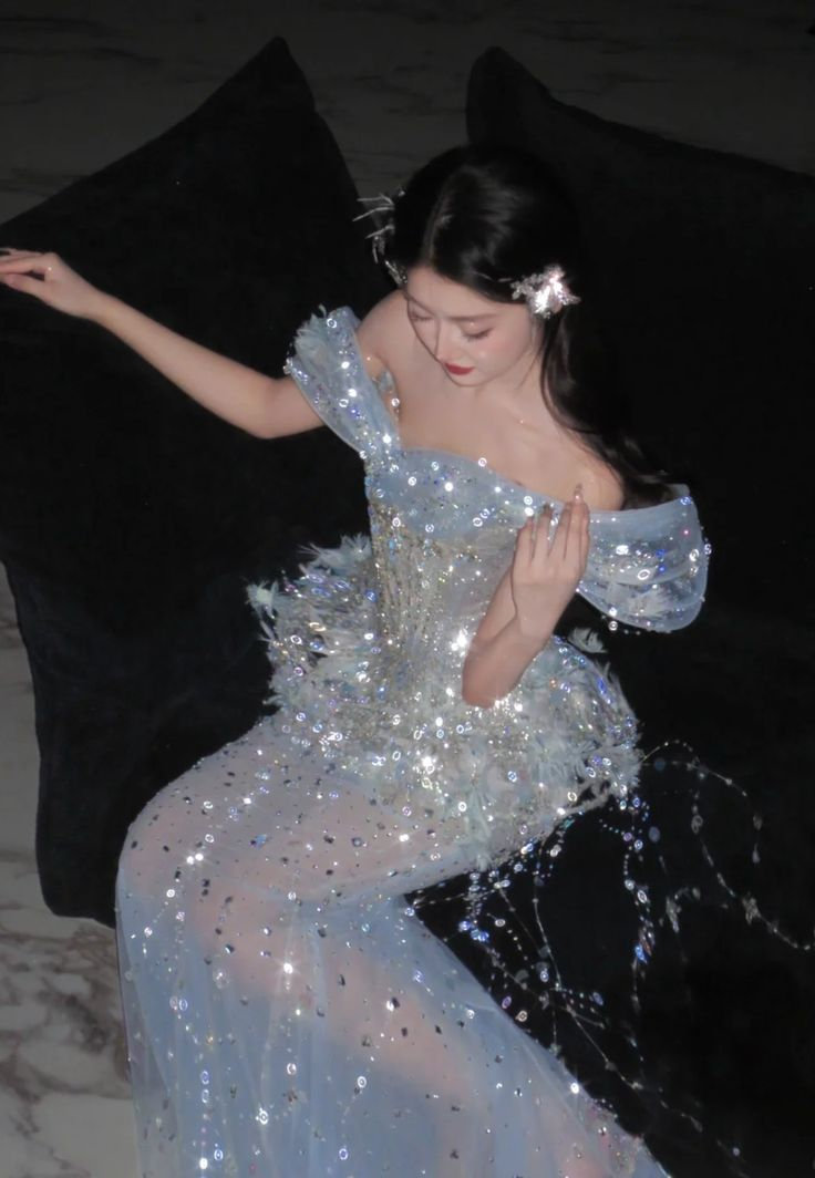 Glamorous Off The Shoulder Sky Blue Tulle Sequin Beaded Mermaid Long Party Dress Prom Dresses SP1273