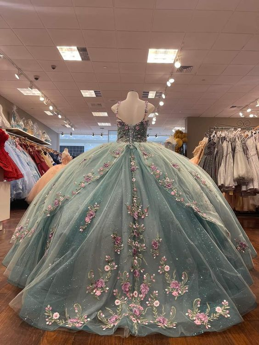 Glitter Sweetheart Spaghetti Strap Quinceanera Dresses Gorgeous 3D Flower Applique Beading Ball Gown  Y4711