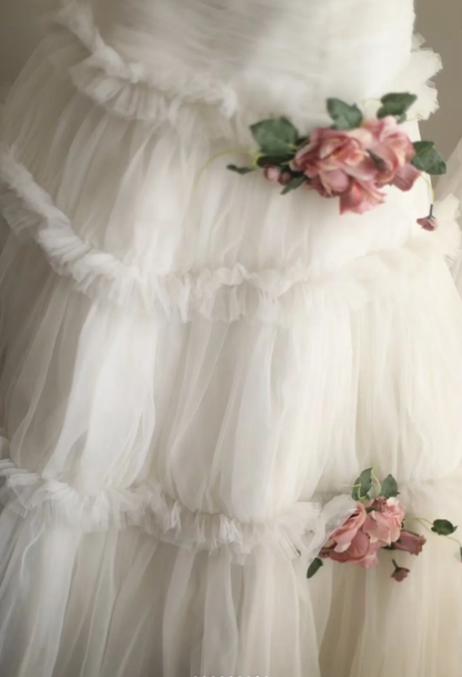 Pretty Spaghetti Straps White Tulle Long Wedding Dress With 3D Flowers SP751